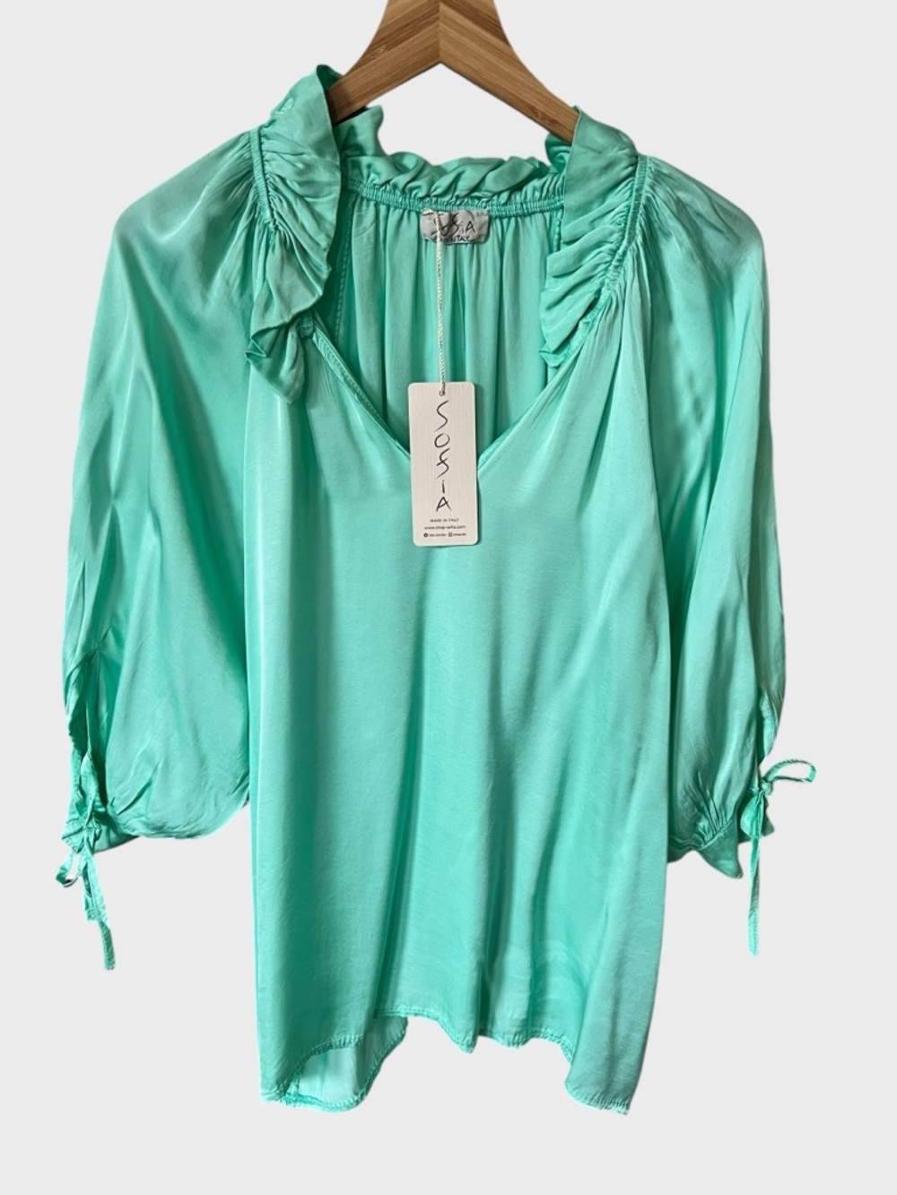 Sofia made in Italy Mint Green Ruffled V-Neck Blouse